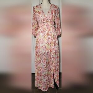 Coco + Jaimeson Floral Maxi Dress Small Sheer Overlay Boho Long Sleeve